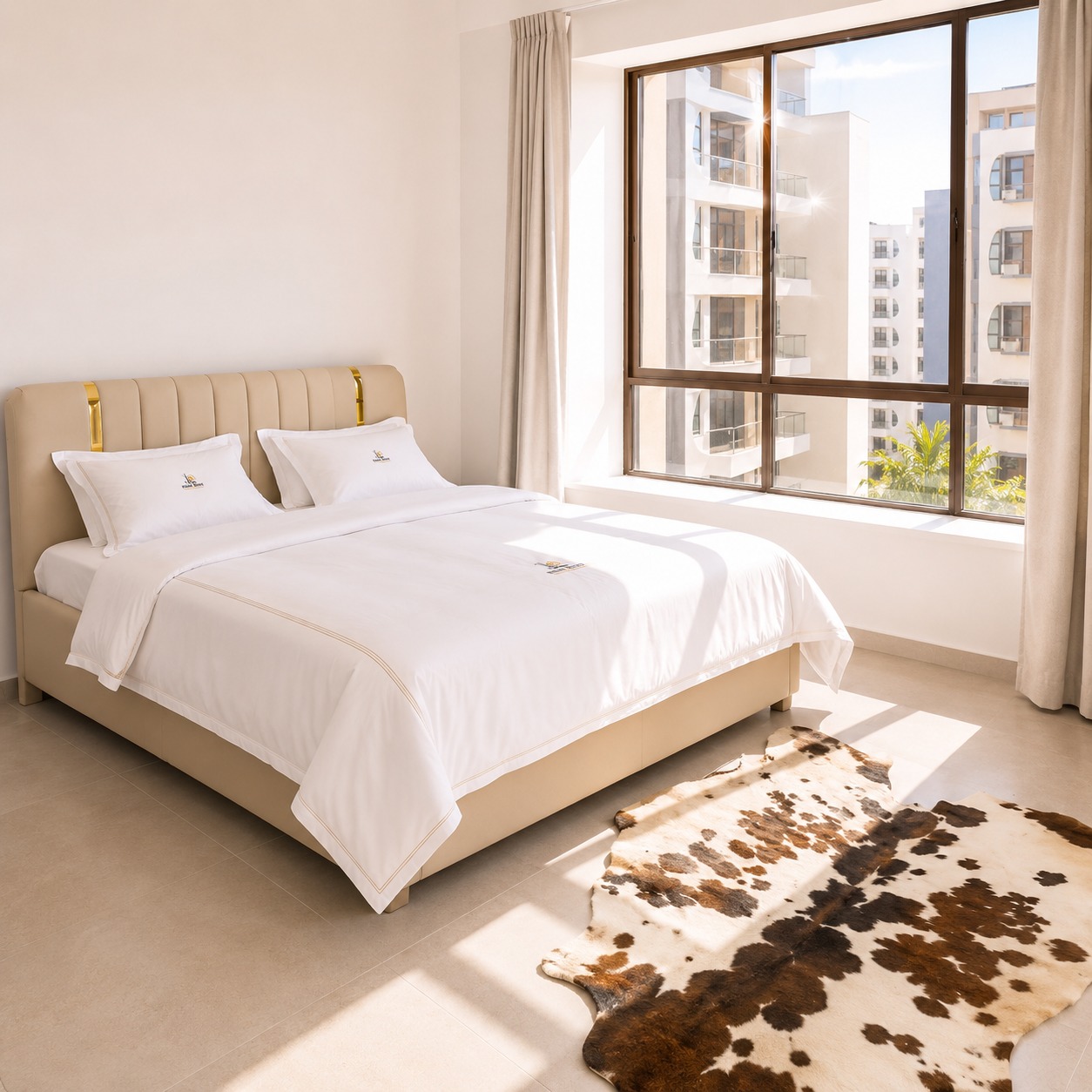 Luxury master bedroom with elegant interior design, king-size bed, and modern lighting