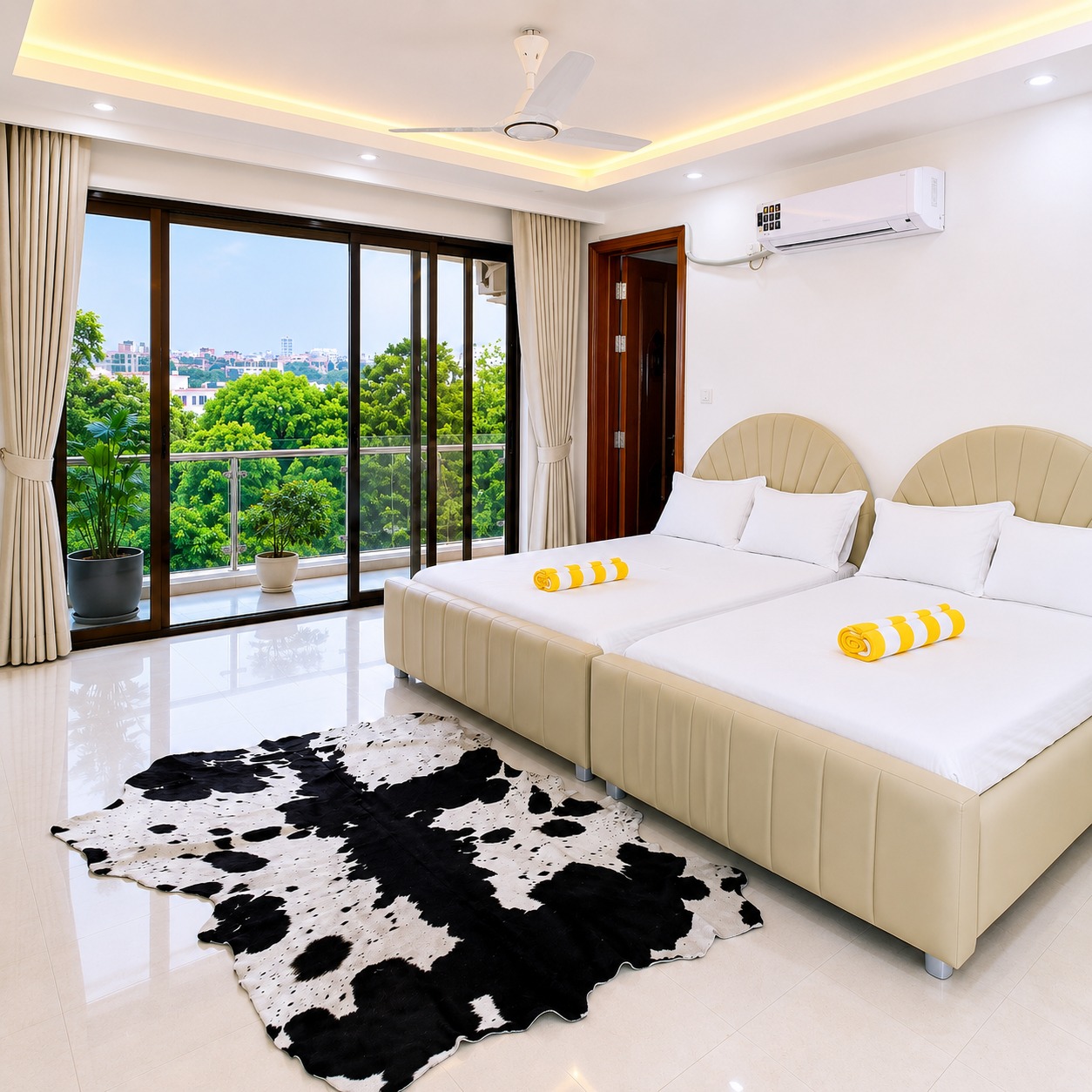 Comfortable hotel room with modern interior design and clean bedding