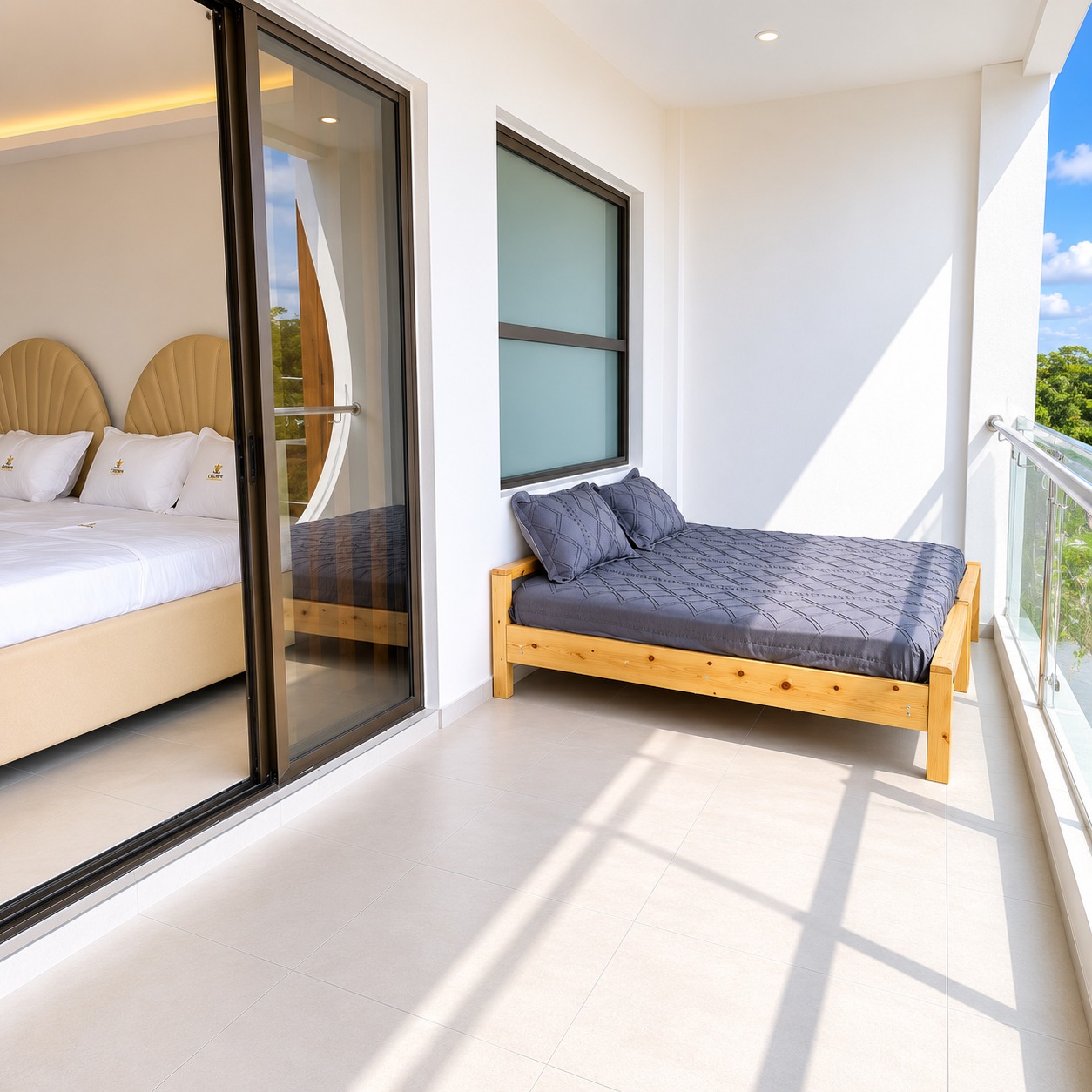 Lounge bed area with outdoor view and relaxing seating space