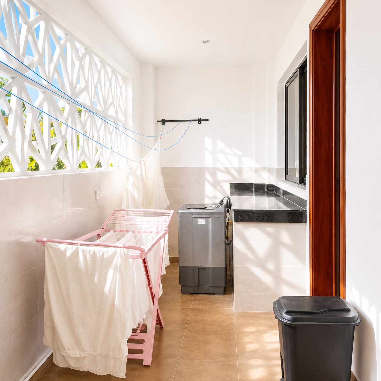Clean laundry area with washing machines and ironing space for guests